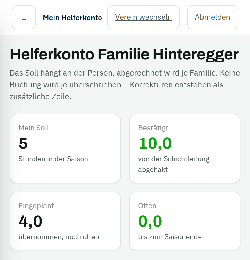 Das Helferkonto am Handy: geleistete und noch offene Stunden.